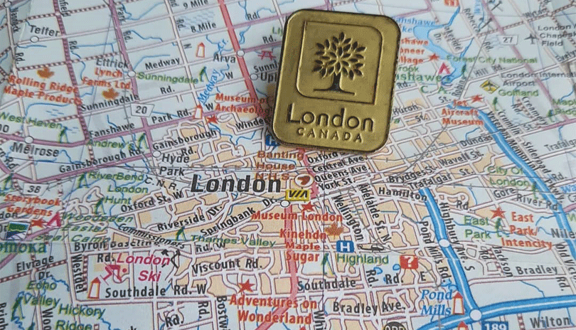 A London Ontario pin on a map of London.