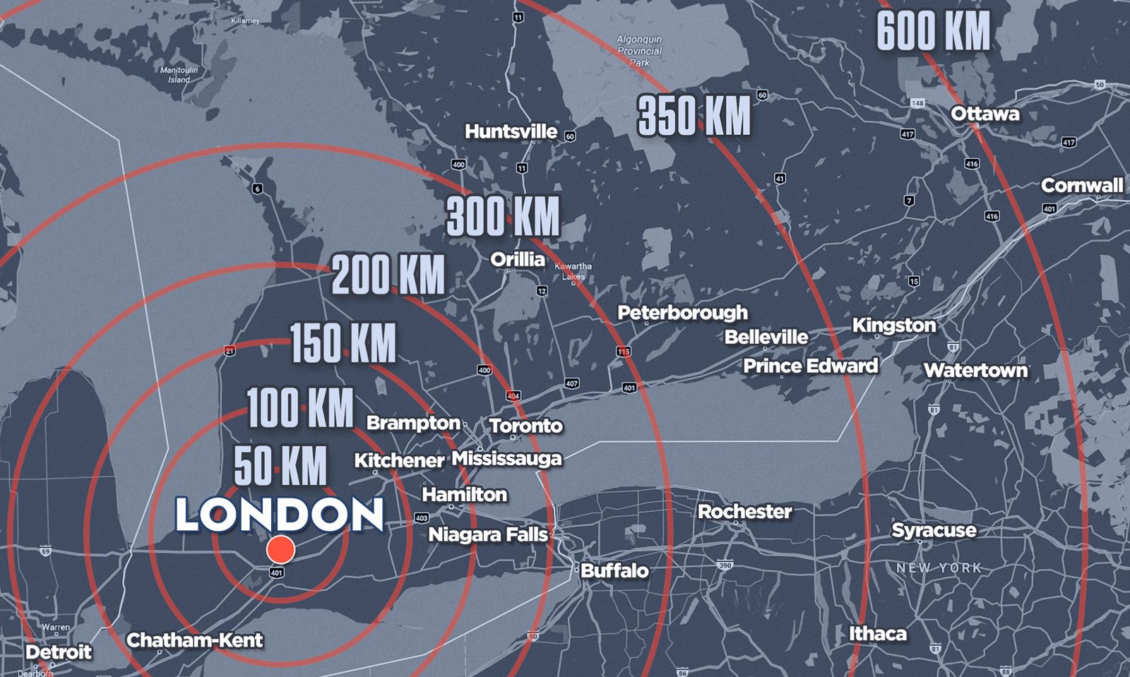 map of london ontario and distances to surrounding cities