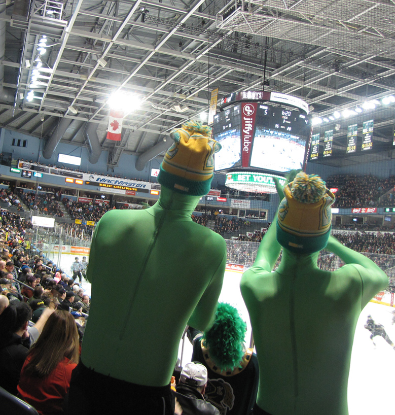 two people standing in audience watching hockey game