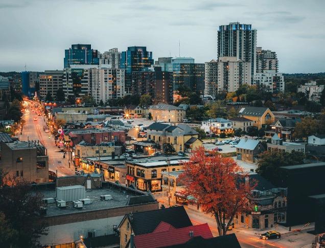 Aerial image looking down Richmond Street in London, Ontario.