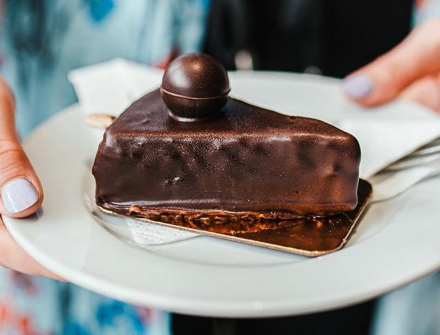 A female holding a slice of chocolate cake on a plate