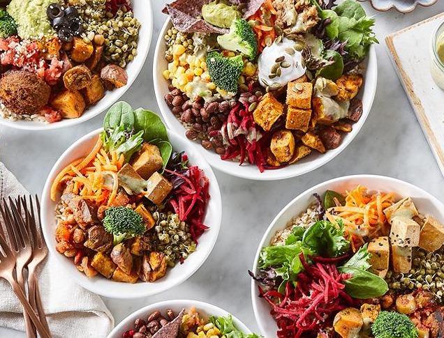 Various vegan based dishes presented in bowls on a marble table top