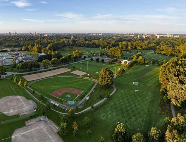 Aerial view of an outdoor park with baseball diamond and Blackfriars Bridge in London, Ontario, Canada.