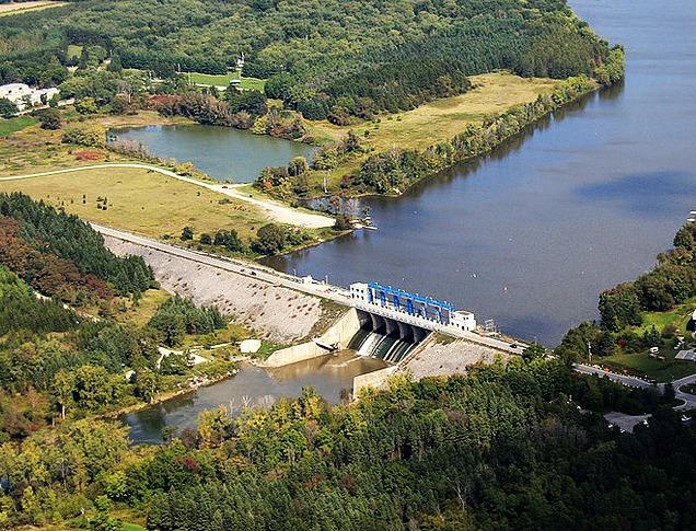 Aerial view of the Fanshawe Dam and Reservoir at the Fanshawe Conservation Area.