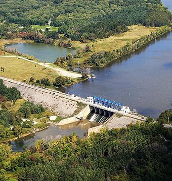 Aerial view of the Fanshawe Dam and Reservoir at the Fanshawe Conservation Area.