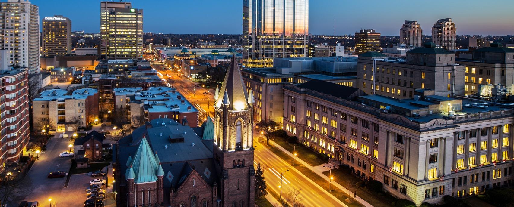 Skyline view of Wellington Rd. in downtown London, Ontario Canada