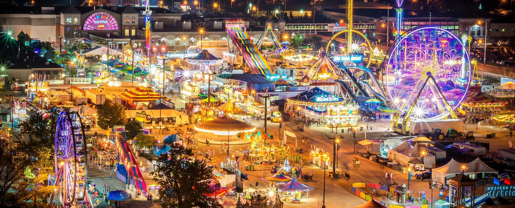 The fairgrounds of The Western Fair at night held in London, Ontario