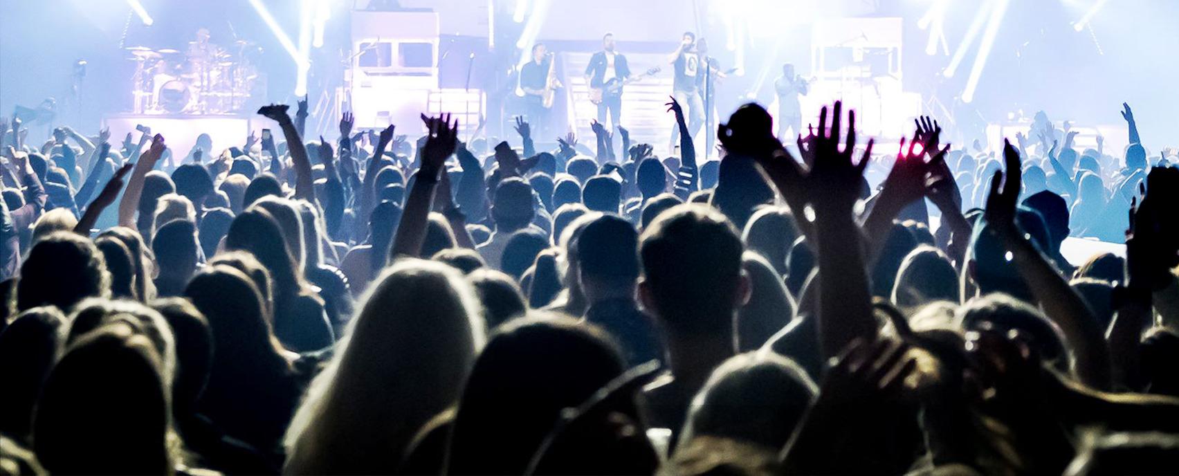 audience watching a performance from a musical group on stage