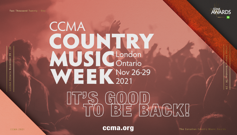 hands waiving in the air at a concert with the 2021 ccma country music week logo