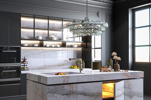 A modern kitchen room setting with an ornate lighting fixture