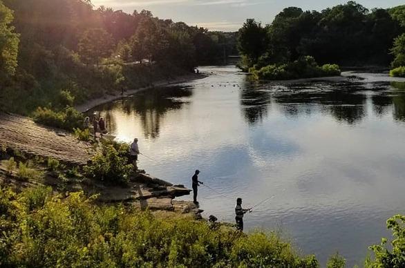A small group of people fishing at the Thames River in London, Ontario