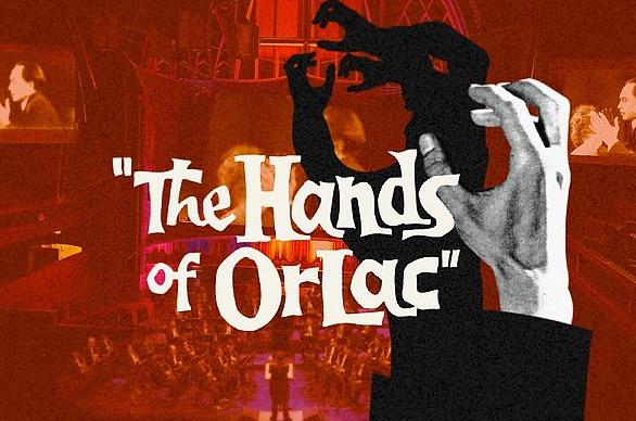 A graphic of a hand and a shadow with various hands on each finger overlaid on a orchestra playing in the interior of a church