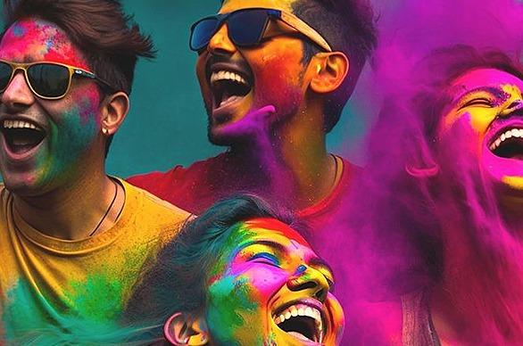A group of people celebrating with bright coloured powder on their faces and surrounding them