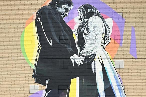 The Johnny & June Mural painted by artist Kevin Ledo outside of Budweiser Gardens in London, Ontario