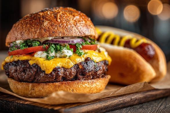 A hamburger on display on a wooden plate alongside a hot dog, background is blurred