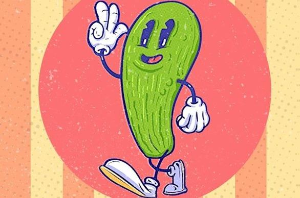 A cartoon retro illustration of a pickle with eyes, hands and is walking