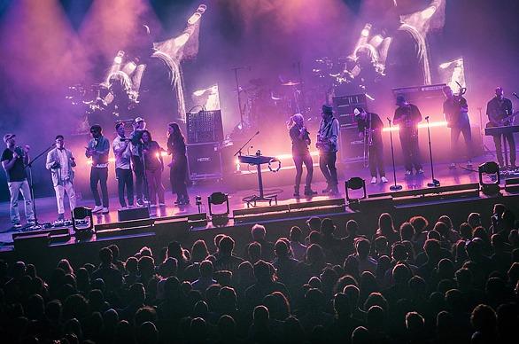 The bands Metric, Broken Social Scene, and Stars playing live on stage for the All the Feelings Tour