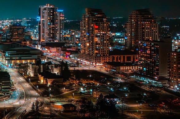 An aerial view of downtown London, Ontario at night