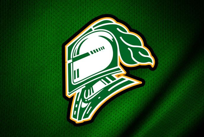 Yellow white outlined knight helmet with plume on textured green background representing London knights logo.