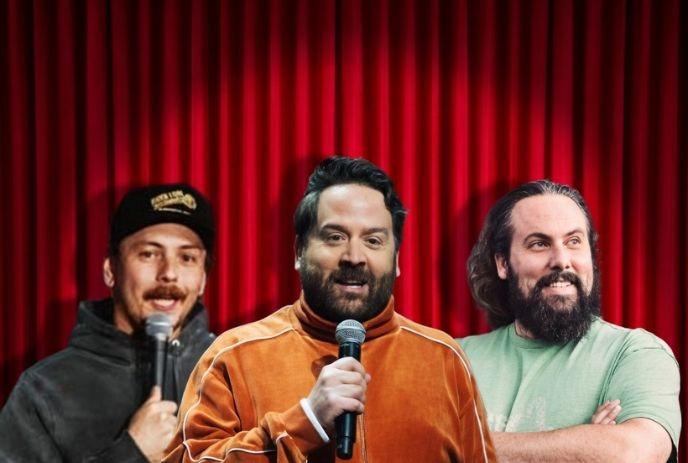 Jeff Paul, Liam Andres and Tige Wright posing in front of a red curtain.