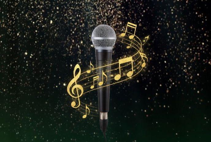A microphone surrounded by golden musical notes against a sparkling dark background.