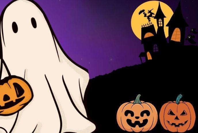 A ghost holding a carved pumpkin stands in front of a haunted house with jack-o'-lanterns under a full moon.