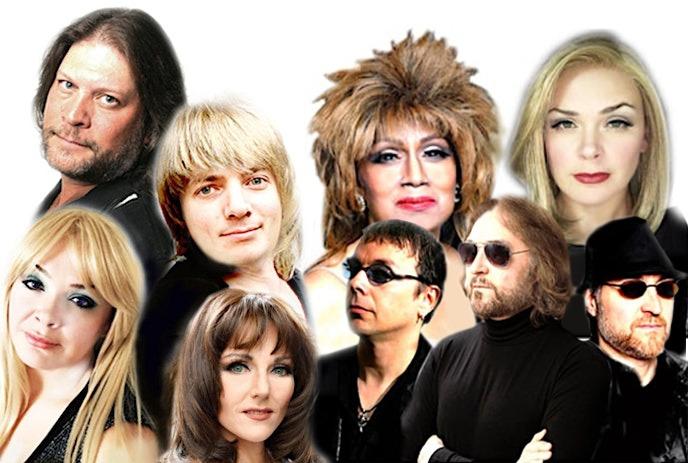 Four group members of Abbamania along with tribute artists for Adele, Tina Turner and the Bee Gees.
