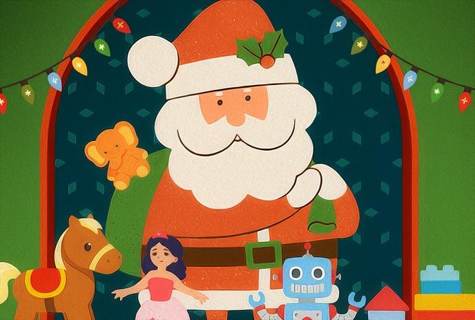 Santa holding green sack amid gifts, lights, mistletoe and festive banner on blue holiday backdrop.