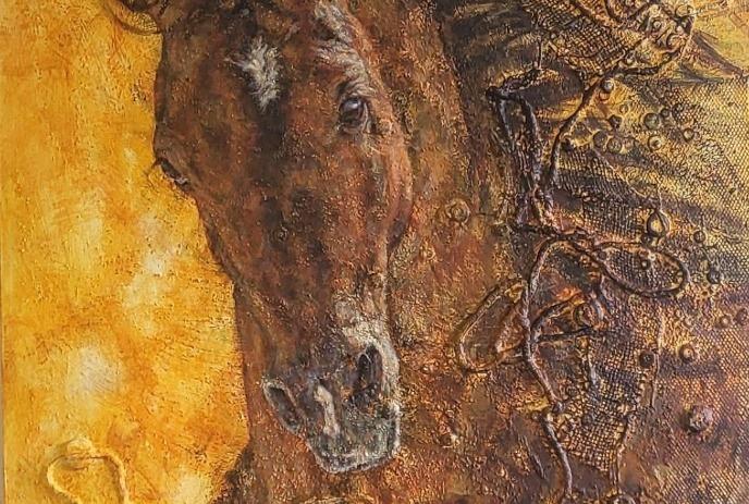 Artwork that combines a realistic horse's head with a yellow abstract.