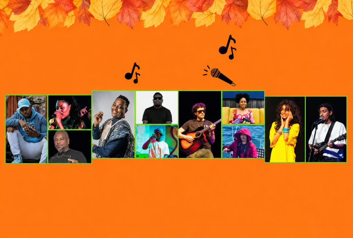Fall themed music collage featuring multiple performers, colorful leaves, microphone, and notes.