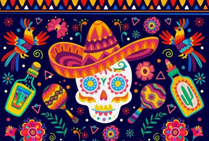 Bright festive icons like pinata guitar sombrero chili and lime arranged in colorful celebratory style.