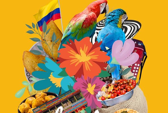 a colourful collage of Columbian based imagery like parrots, food and flowers