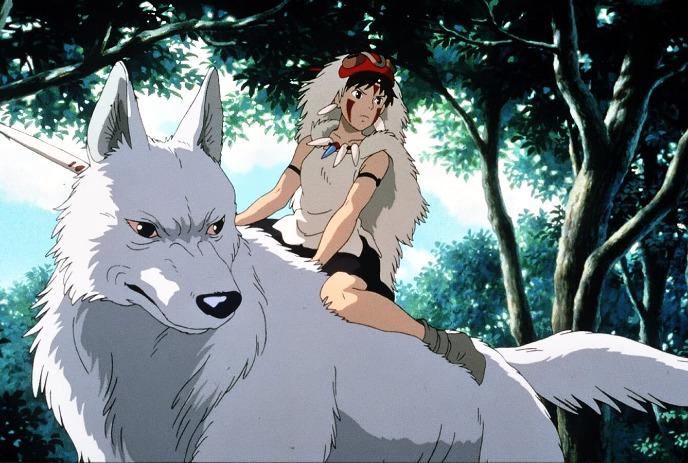 Animation image of a person riding on the back of a wolf, through the woods.
