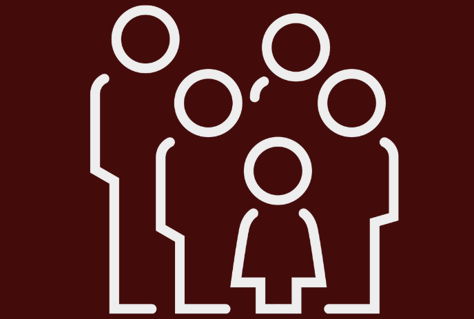 A white outline of a family with two adults and three children on a maroon background.