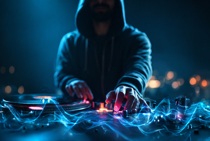 DJ mixing on turntables with glowing blue sound waves and atmospheric nightclub lighting effects.