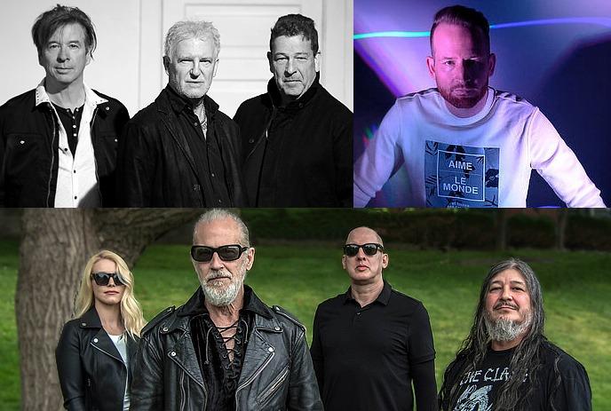 Collage featuring Glass Tiger, Men Without Hats, and DJ Alpha, each shown in distinct portrait styles.