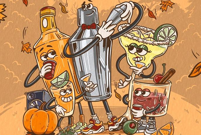 Cartoon cocktail party with animated bottles, shaker, margarita and drink glasses amid autumn decor.