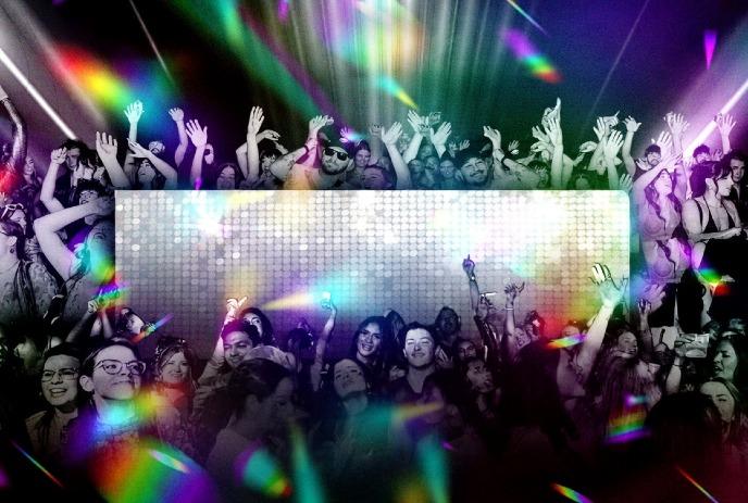 Image of a vibrant disco party advertisement. Crowds dance under colorful lights.