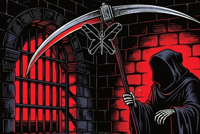 A hooded figure with a scythe stands in a dim room with red glowing walls.