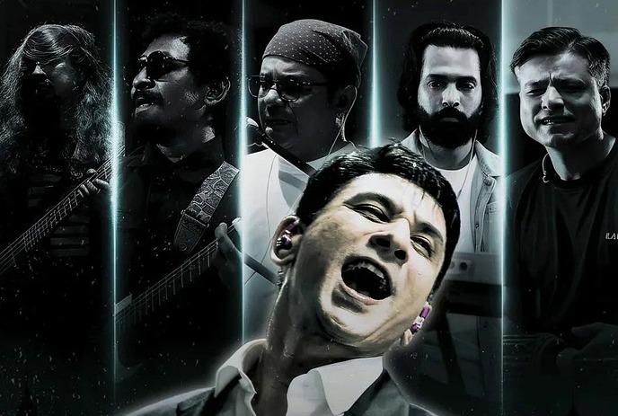 A black-and-white collage features members of the Nepali folk-rock band Kandara singing and playing instruments.