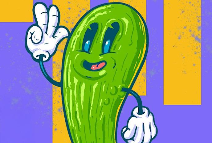 A cheerful cartoon pickle, blue-eyed, smiles and waves on a striped purple and yellow backdrop, radiating fun!