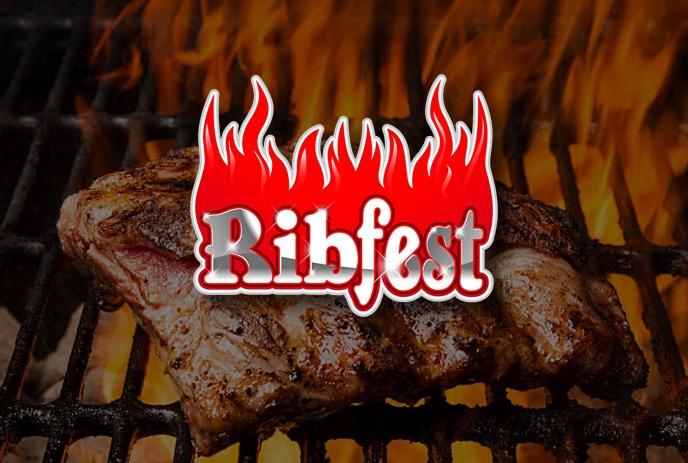 The Ribfest festival logo and in the background are grilled ribs with flames