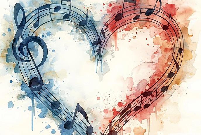 Musical notes form a heart shape with watercolor splashes in blue and red hues.