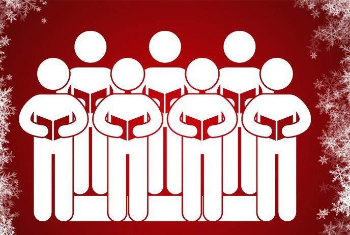 Choir group with books open on a red background with snowflakes