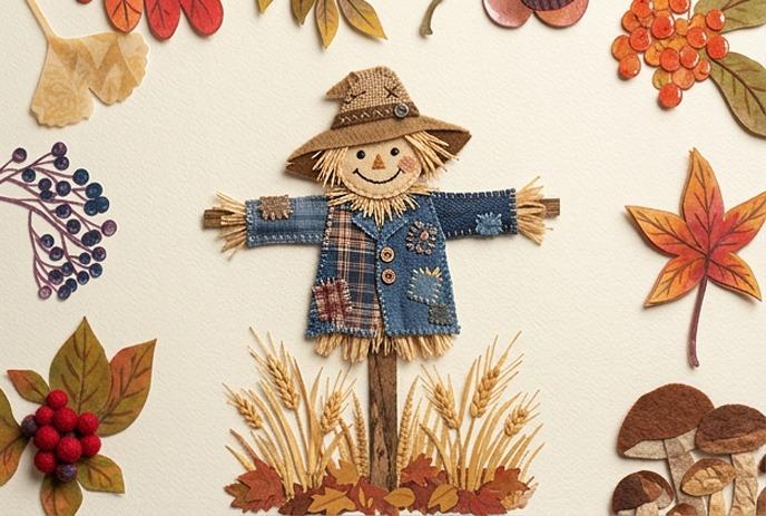 Autumn-themed illustration with a scarecrow, wheat, leaves, berries, and mushrooms on white.