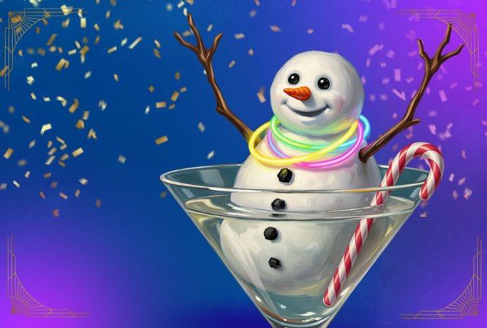 Snowman in martini glass with glow necklaces, candy cane and confetti festive winter party vibe.