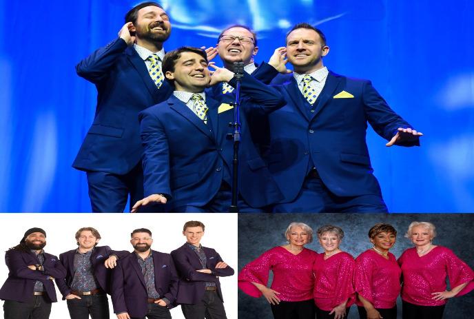 Collage of three images with multiple people either singing or looking ahead.