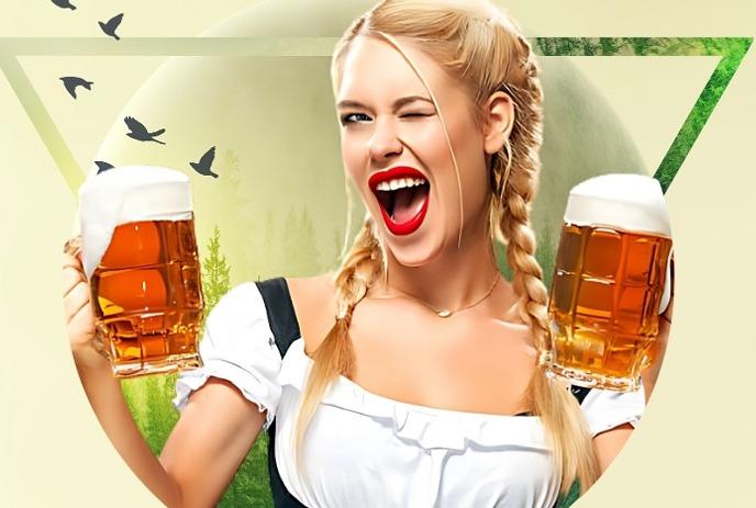 Smiling woman in Bavarian dress holds two frothy beers, winks joyfully under a light background.