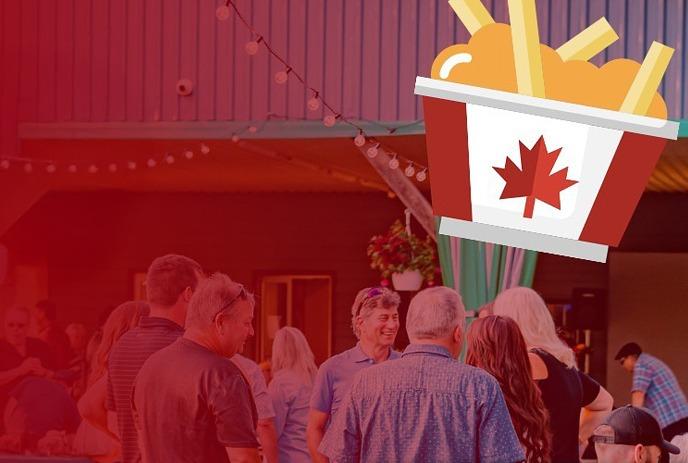 People gathered on a patio with a maple leaf and a picture of poutine.