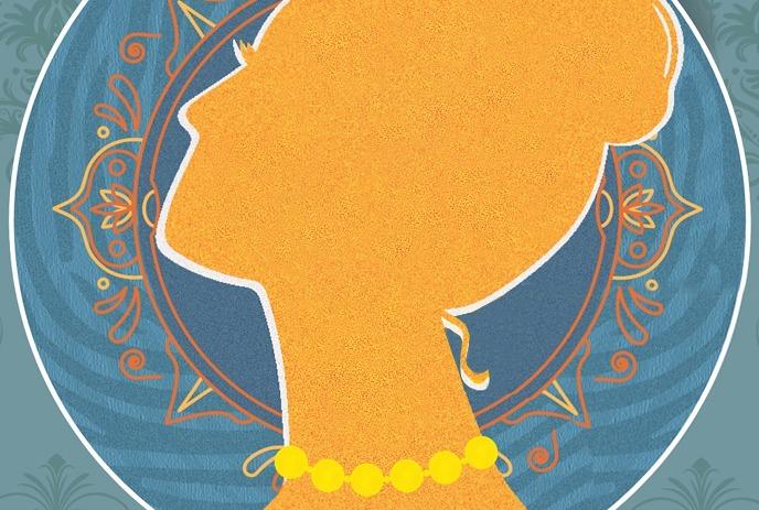 Silhouette of a woman with a bun and yellow necklace, framed by a circular background of ornate patterns.